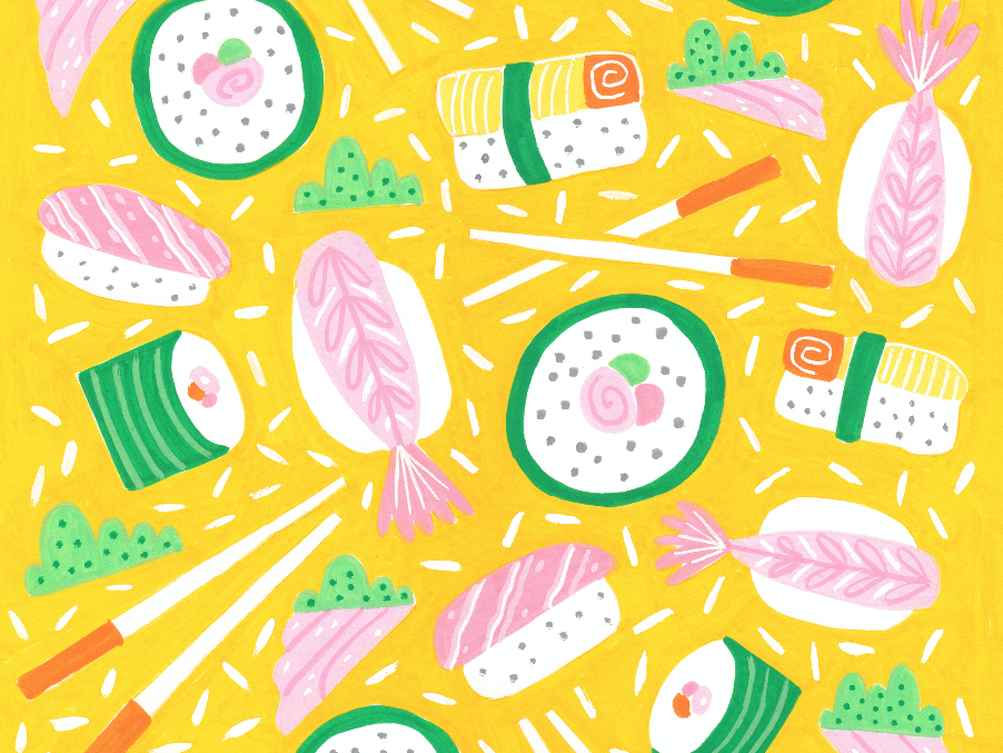 Sushi & Nigiri Pattern Design asian food chopsticks drawing food illustration hand-drawn illustration japanese culture japanese food nigiri pattern pattern design posca posca markers repeat pattern rice shrimp surface design sushi sushi roll wasabi