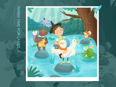 湖中游玩的少年 illustration 人物 动物 可爱 板式