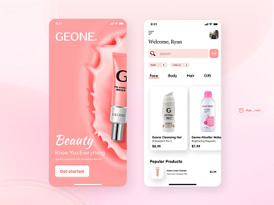 UI/UX Design GEONE. Mobile App branding brochure cosmetic design flyer graphic design illustration logo mobile app pastel pink template ui ux
