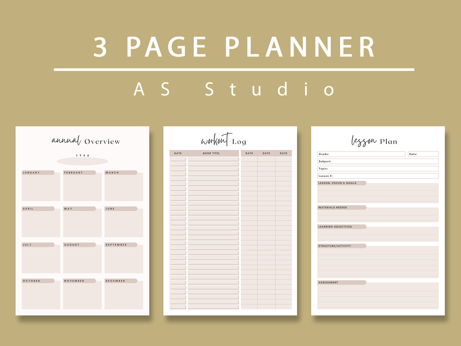 3 Page Planner ( Annual Overview, Workout Log & Lesson Plan ) by AS ...