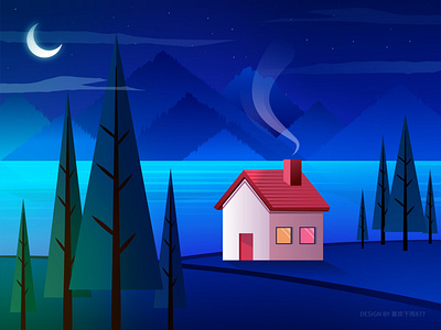 Lake house illustration cooking design evening house illustration lake lakeside moon moonlight mountain tree