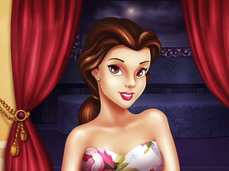 Belle game design drapes curtains blue red room illustration belle girl