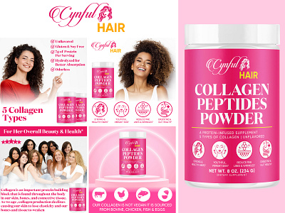 Branding & Packaging Design for Cynful Collagen Peptides Powder amazon branding amazon enhanced brand content branding collagen peptides design dietary supplement female collagen female health fitness girl graphic design health label design logo nutrition pink private label product label supplement label design typography