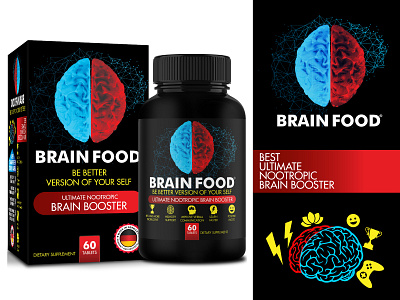 Branding & Packaging Design for Brain Food Nootropic Supplement amazon branding black blue bottle label design brain brain energy branding cognition dietary supplement focus supplement health label design nootropic supplement nutrition private label product design product label red supplement design supplement label