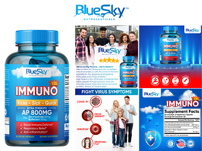 Branding & Packaging Design for Immuno Covid Krush Supplement amazon branding amazon enhanced brand content blue sky bottle branding clouds covid crown dietary supplement graphic design health immune health label design logo nutrition product design product label supplement supplement label typography