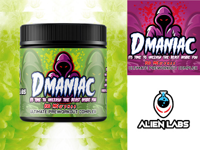 Branding & Packaging Design for DMANIAC Pre-Workout Supplement amazon branding amazon enhanced brand content beast design branding design dietary supplement gaming gaming supplement graphic design health illustration label design logo logo design nutrition preworkout supplement product design purple green color smoke