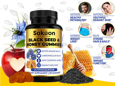 Branding & Packaging Design for Sakoon Black Seed Gummies amazon brand design amazon branding apple black bottle blackseed gummies branding design dietary supplement gold supplement graphic design gummies health supplement honey label design nutrition product label