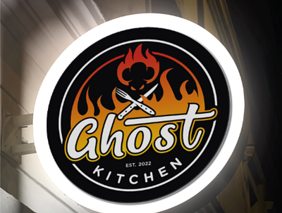 ghost kitchen 3d ab abstract branding circle dark design emblem fire fork ghoost ghost illustration kitchen logo simple spoon stamp