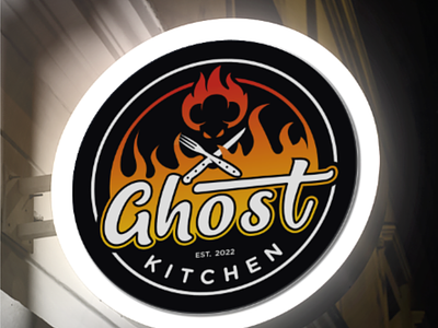 ghost kitchen 3d ab abstract branding circle dark design emblem fire fork ghoost ghost illustration kitchen logo simple spoon stamp