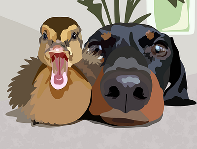 The friendship of dog and duck digital art digital dog portrait digital pet portrait digital portrait illustration