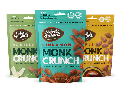 Select Harvest Monk Crunch almonds bag branding healthy natural natural logo nuts packaging design pouch snack
