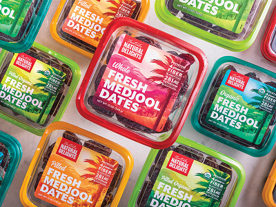 Natural Delights® Medjool Dates Packaging agriculture branding desert digital illustration food fruit illustration packaging palm trees plastic produce snack tub wrap