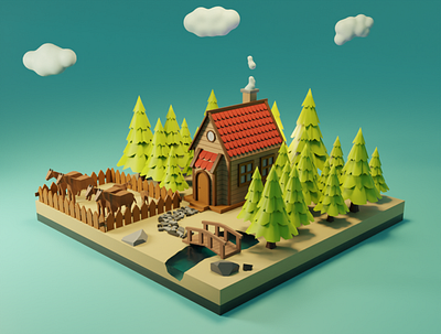 farm house with horses 3d diorama farm house graphic design isometric lowpoly