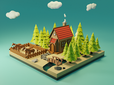 farm house with horses 3d diorama farm house graphic design isometric lowpoly