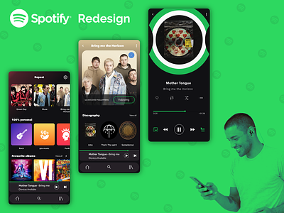 Spotify App Redesign app branding bring me the horizon design green day interface mobile muse music music player ui ux
