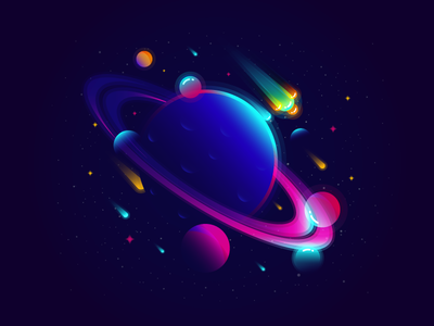 Planet gradient color illustration meteor planet saturn sky space star vector