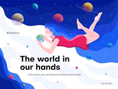 The world in our hands banner digital art flat design girl human illustration landing page illustration people planet poster space wallpaper