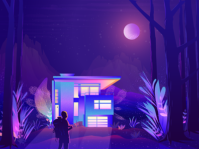 Travel Illustration gradient color house illustration jungle leaf moon night noise traveler vibrant color illustration wallpaper