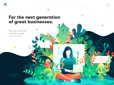 Hero image illustration for business page. girl with laptop gradient header illustration hero image illustration illustrator landing page illustration leaf ui illustration vibrant color illustration