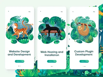 Wildpress app illustration app illustration digital art forest illustration illustrator jungle leaf onboarding panther sloth ui illustration vector website illustration