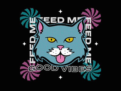 Feed Me Good Vibes black cat character depth hypnotic illustraion pink psychedelic retro t shirt design texture vector