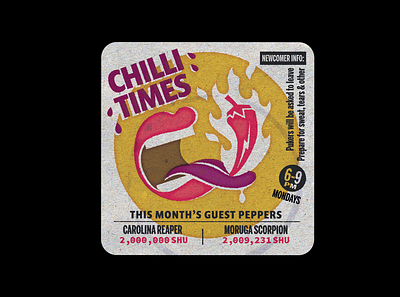 Chilli Times - From 'Clubs & Communities' bar beer beermat beverage chilli pepper coaster food and drink hot sauce illustration overprint pub retro texture vector