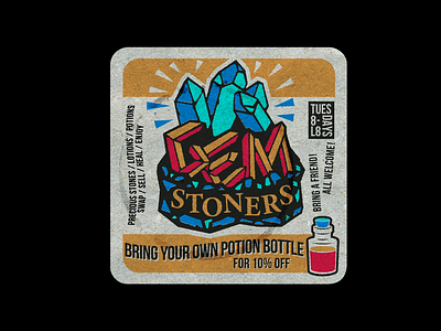 Gem Stoners - From 'Clubs & Communites' beer beermat black clubs coaster crystals gemstones holistic illustration overprint potion retro screenprint texture vector