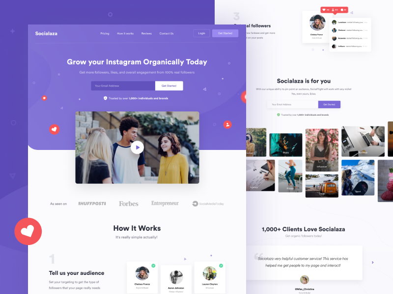 Socialaza - Landing page video grow social media instagram landing page design ui