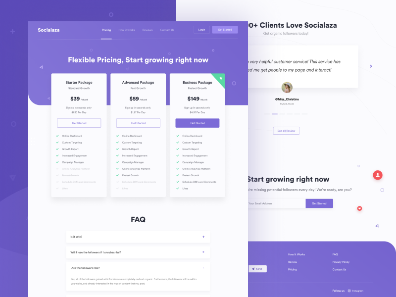 Socialaza - Pricing Page user experience user interface growth instagram pricing ux ui design clean website web uiux ui