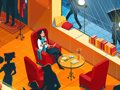 01 blue book character coffee girl illustration orange reading red room rooms tea