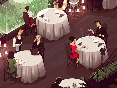 03 aquarium background characters date design dinner illustration restaurant room rooms table waiter