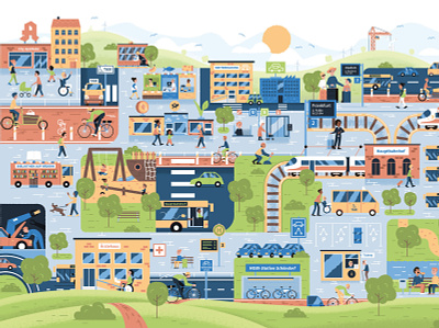 City Busy Picture: Socially fair mobility turnaround busy picture city flat design illustration mobility town vector vector illustration wimmelbild