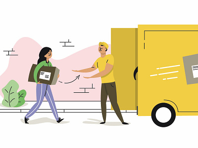 Bring your package to the post office adobe illustrator colorful editorial illustration flat design illustration man post office vector walking woman woman yellow