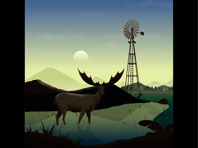 Day 6 | Deer Illustration | 100 days design challenge 100 days challenge deer design illustration landscape scenary sunset ui design windmill