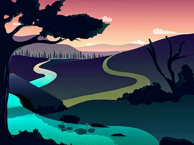 Day 11 I River Bridge I 100 days design challenge bridge gradients illustration landscape river road sunset trees