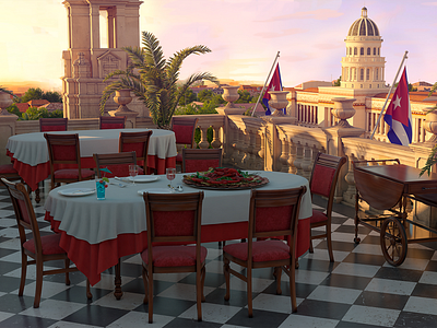 Terrace view restaurant Cuba, 3D game scene