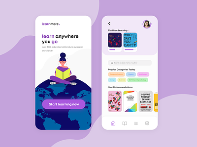 learnmore - book library app app design books illustration minimal product design purple simple software ui ux