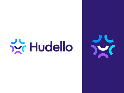 Hudello logo design blockchain branding communication consult consulting face futuristic group happy hello management manager mark marketing smart smile social tech technology ventures