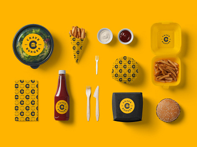 Crave Burger Identity brand branding packaging branding mark c burger c letter lettering corporate identity fast food restaurant food identity logo icon burger negative space yellow