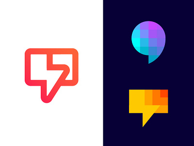 Chat bubble logo exploration | Message and notification app bolt lighting flash chat text bubble colorful gradient bright geometric negative space ios happy fast light bright messenger mark brand branding sms icon icons social communication human technology talk futuristic