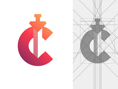 C for Caliburn ( Excalibur) | Logo concept video game company branding brand competitive excalibur war game king arthur smart monogram mark icon negative space magical stone burn fire sword caliburn c