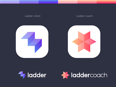 Ladder Client and Ladder Coach app icons arrow arrows fit fly up marketing health logo star l negative space ladder fitness progress leader sport dynamic letter lettering 3d level levels steps monogram growth sportive stair stairs step symbol mark brand wellness growth success