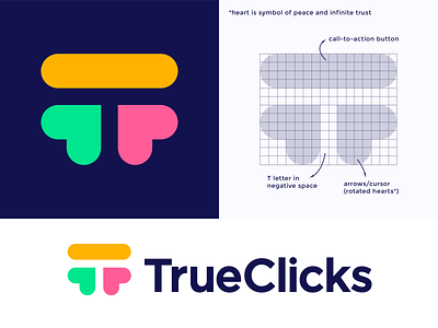 TrueClicks logo concept pt.2 branding call action button negative space letter click true t monogram heart arrow truth honesty peace smart