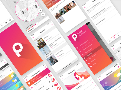 Photo event planning app app clean event gradient ios list map menu minimal mobile orange organizer photography pink plan splashscreen ui ux weather white