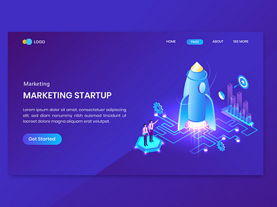 Isometric Business Startup Concept Landing Page 3d big branding business character concept data digital flat illustration internet isometric landing marketing page seo shopping startup vector website