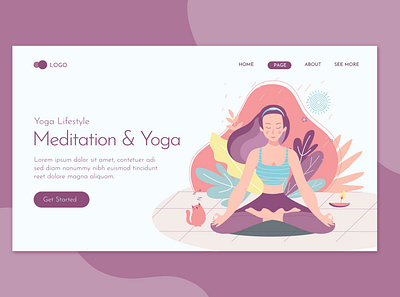 Meditation and Yoga Landing Page Flat Concept body exercise female fitness health healthy illustration landing lifestyle meditation people relax relaxation sport training website woman yoga