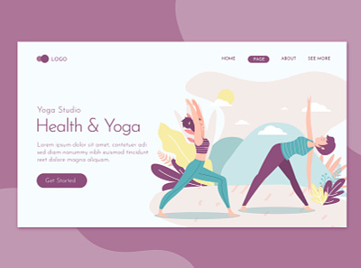 Health Beauty & Yoga Landing Page Flat Concept body character exercise female fitness health healthy illustration landing lifestyle meditation people relax relaxation sport training website woman yoga