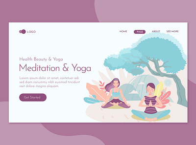 Meditation and Yoga Landing Page Flat Concept Template body character exercise female fitness health healthy illustration landing lifestyle meditation people relax relaxation sport training website woman yoga