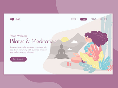 Pilates & Meditation Landing Page Flat Concept Template body character exercise female fitness health healthy illustration landing lifestyle meditation people relax relaxation sport training website woman yoga