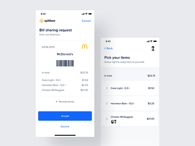 Splitbee – Mobile app banking cards code details fintech ios payment request scan split swipe transfer ui